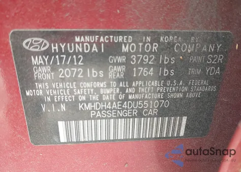 2013 Hyundai Elantra Gls z USA, uszkodzony, nr VIN KMHDH4AE4DU551070